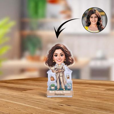 Personalized Multi Tasking Women Bobblehead Caricature Standee with Battery Powered Shaking Head for Office Desk & Home Decor Inspirational Gift for Working Women & Home Makers